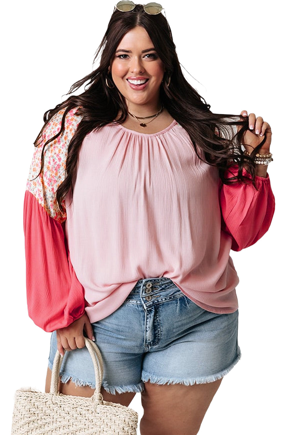 Pink Floral Patchwork Long Sleeve Crinkle Plus Size Blouse - Plus Size Tops