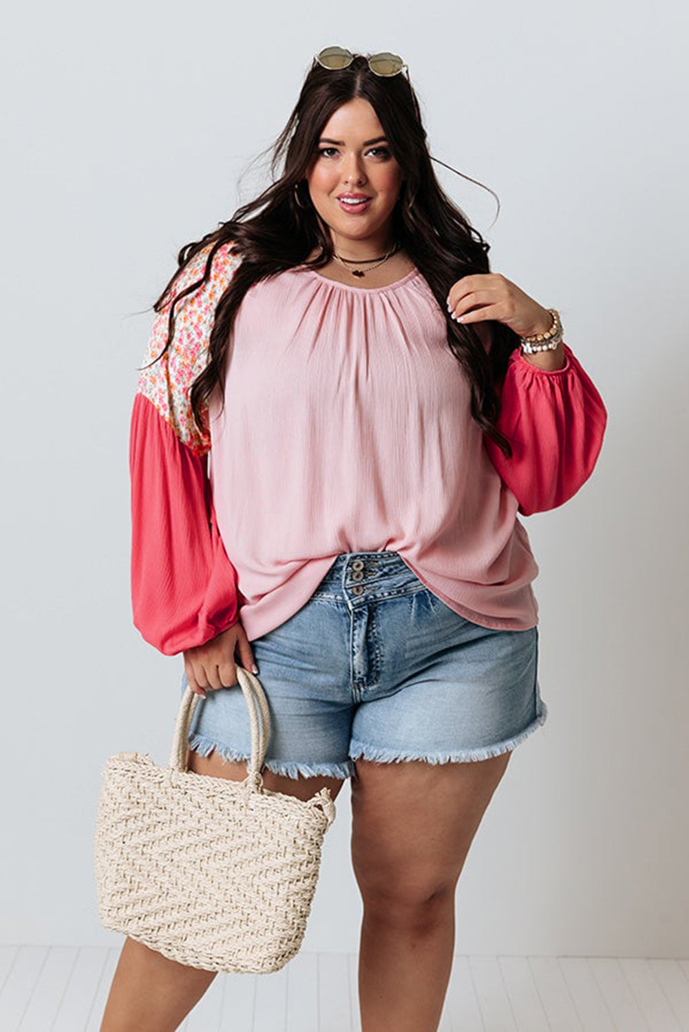 Pink Floral Patchwork Long Sleeve Crinkle Plus Size Blouse - Plus Size Tops