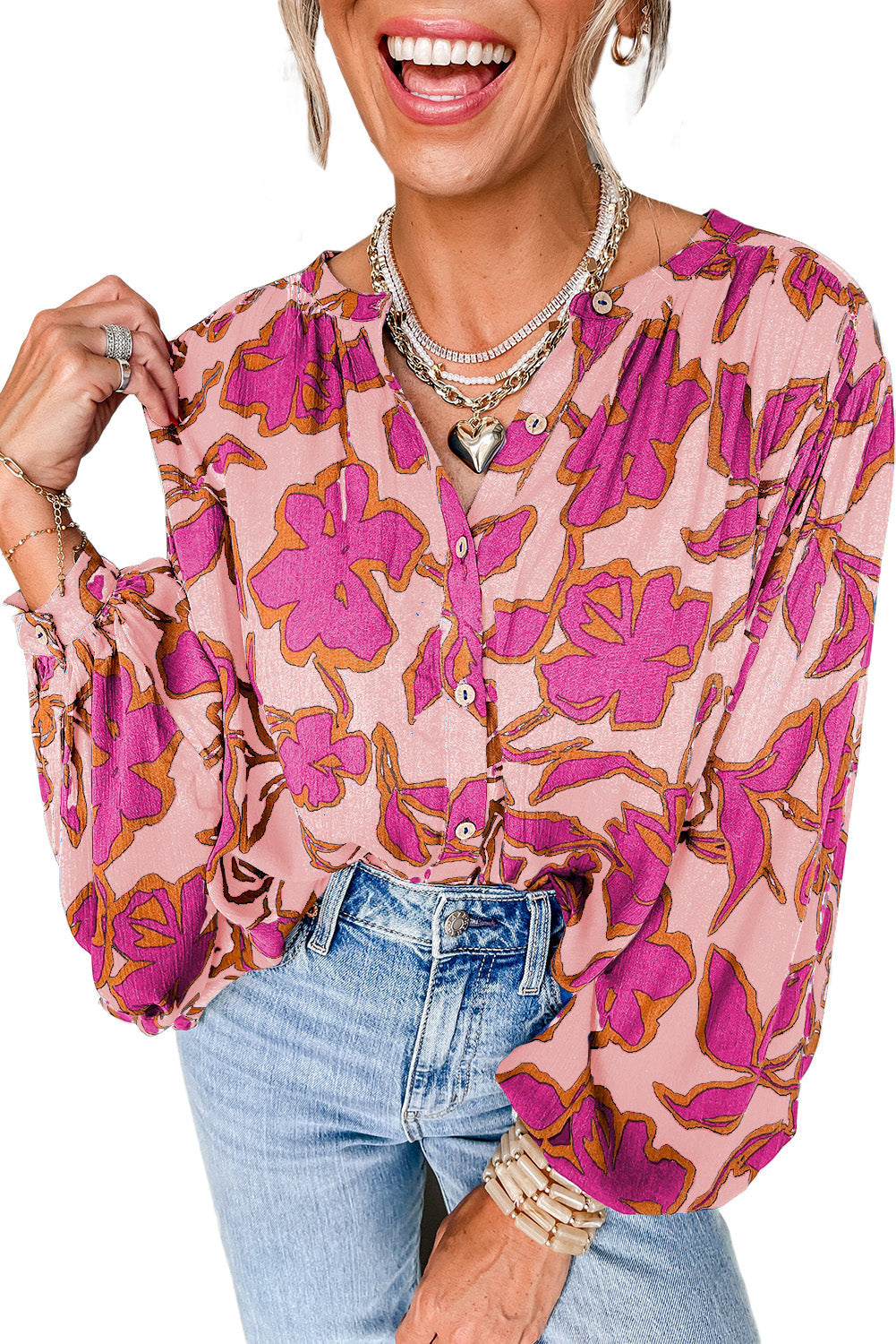 Pink Floral Print Batwing Sleeve Button Loose Fit Blouse - MAD RUFFI