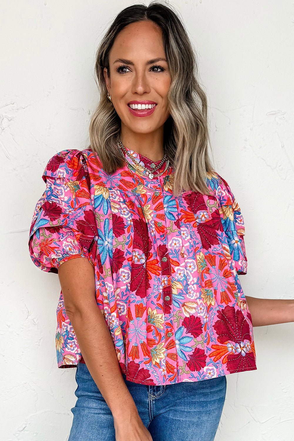 Pink Floral Print Bubble Sleeve Button Up Pleated Shirt - MAD RUFFI