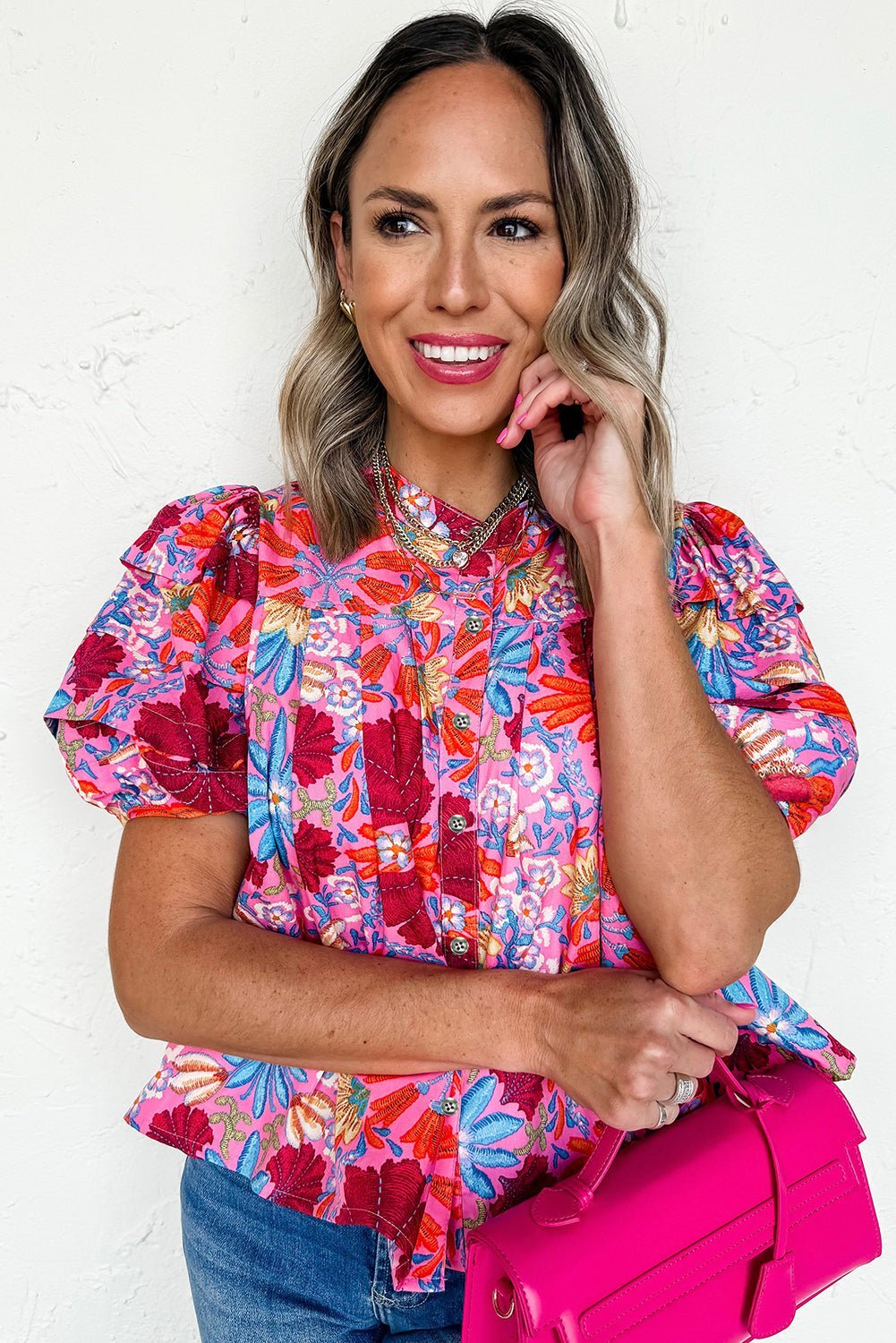 Pink Floral Print Bubble Sleeve Button Up Pleated Shirt - MAD RUFFI