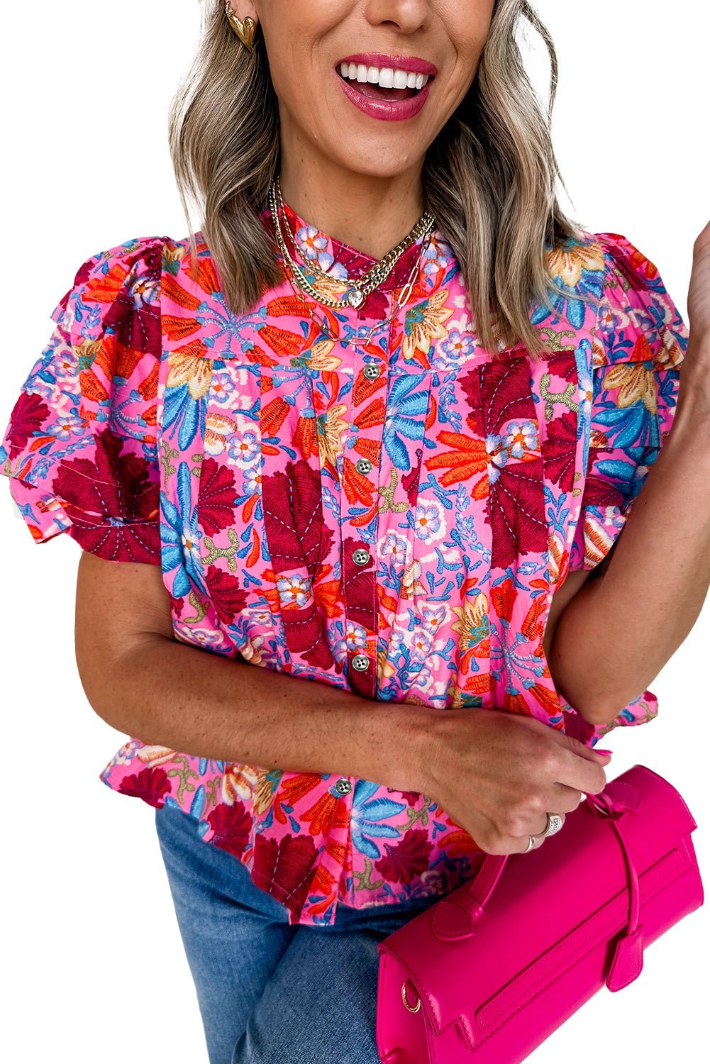 Pink Floral Print Bubble Sleeve Button Up Pleated Shirt - MAD RUFFI