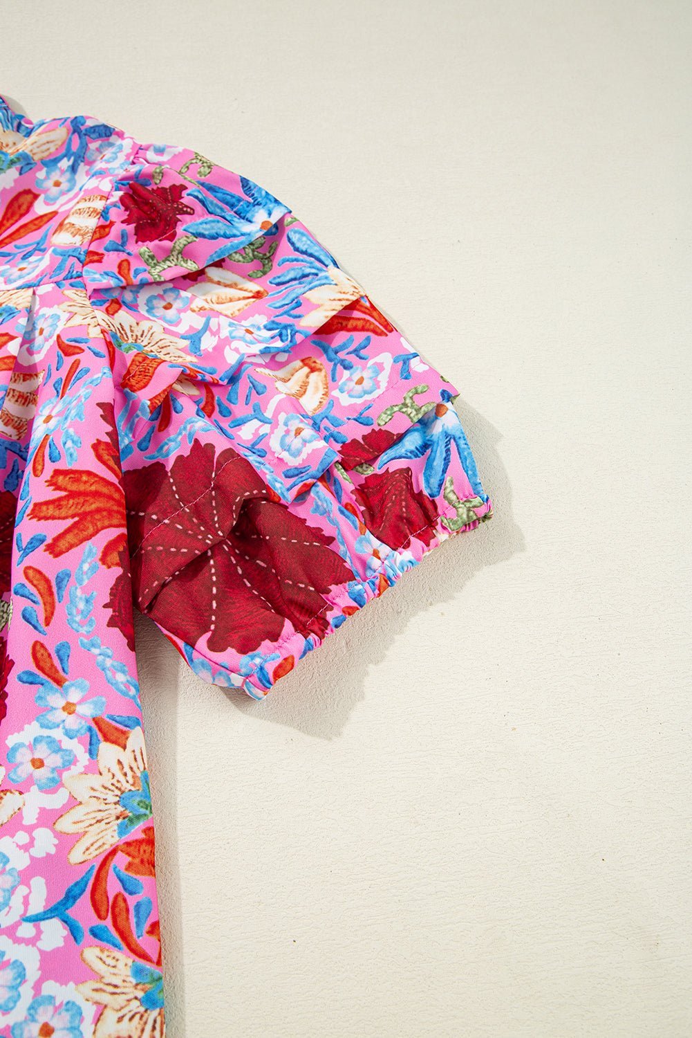 Pink Floral Print Bubble Sleeve Button Up Pleated Shirt - MAD RUFFI