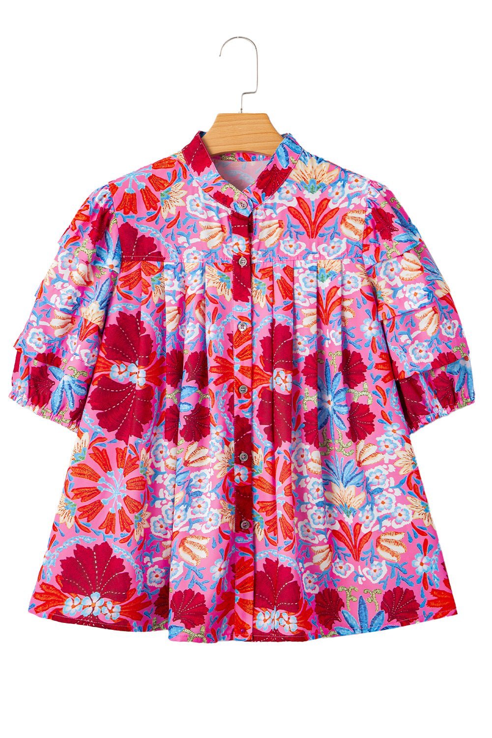 Pink Floral Print Bubble Sleeve Button Up Pleated Shirt - MAD RUFFI