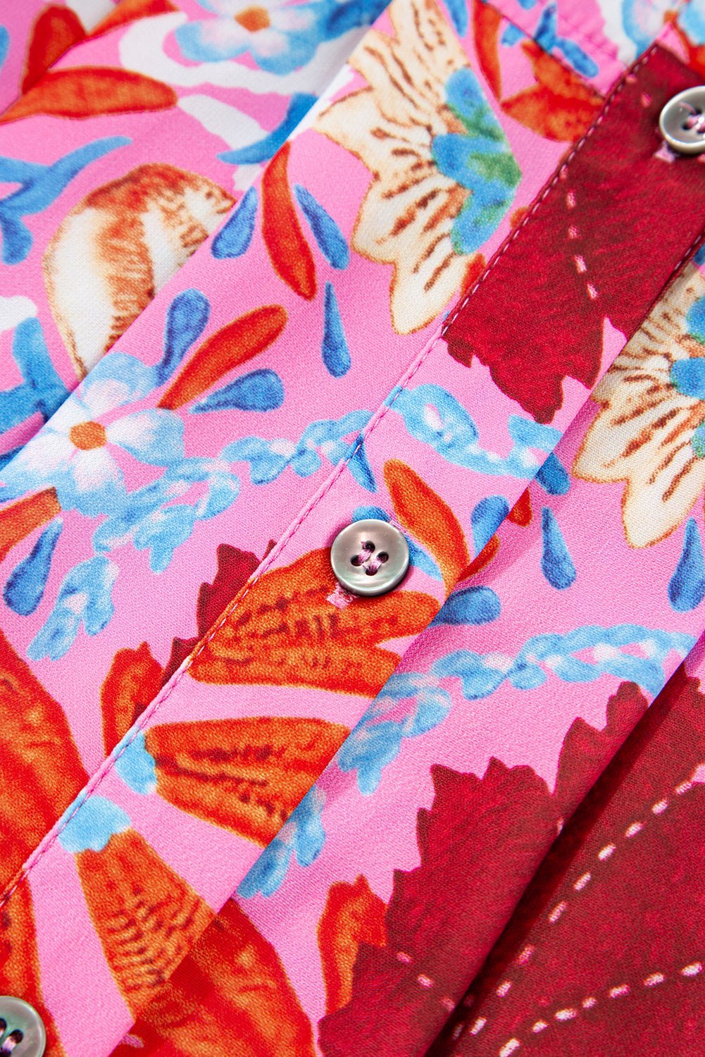 Pink Floral Print Bubble Sleeve Button Up Pleated Shirt - MAD RUFFI