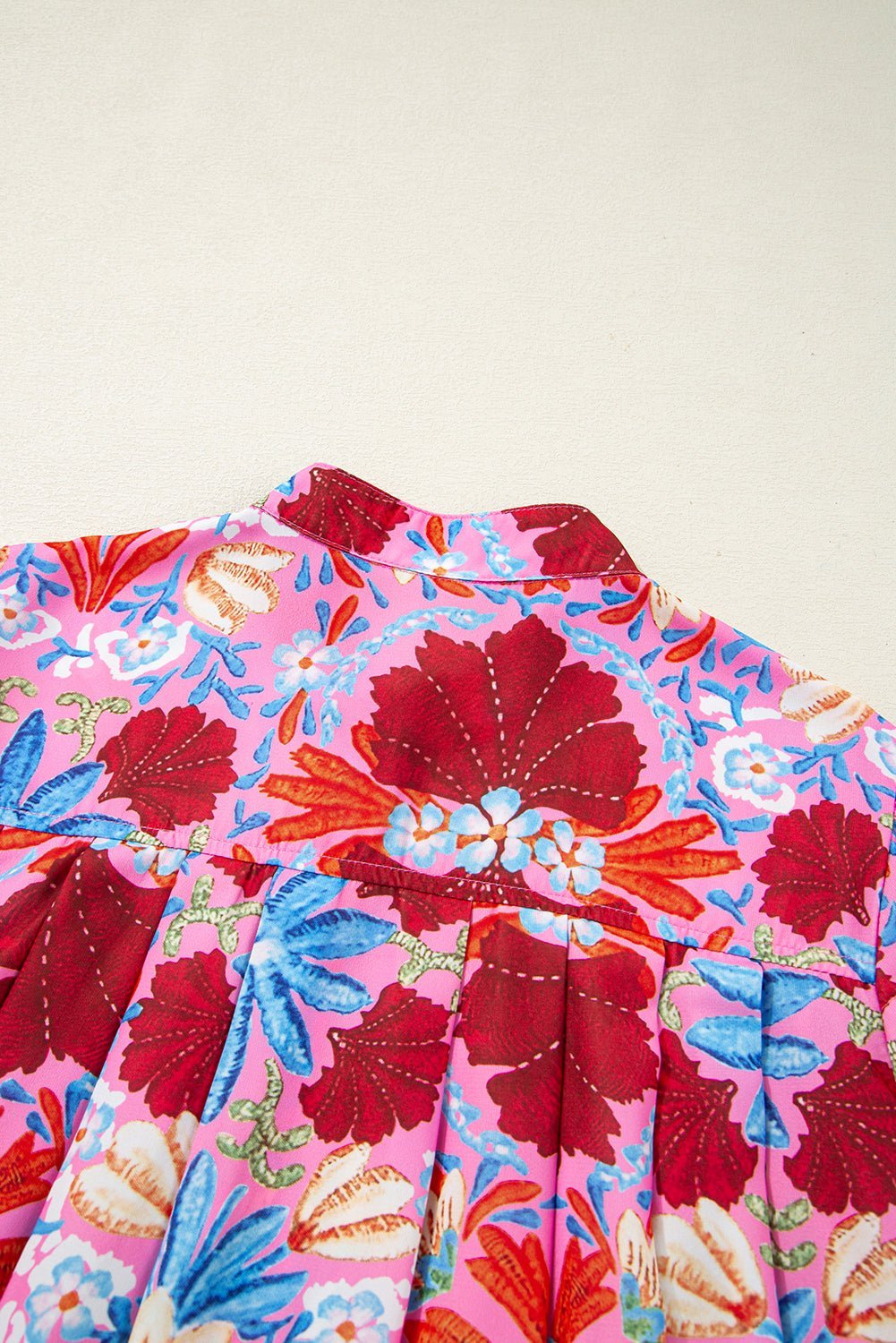 Pink Floral Print Bubble Sleeve Button Up Pleated Shirt - MAD RUFFI