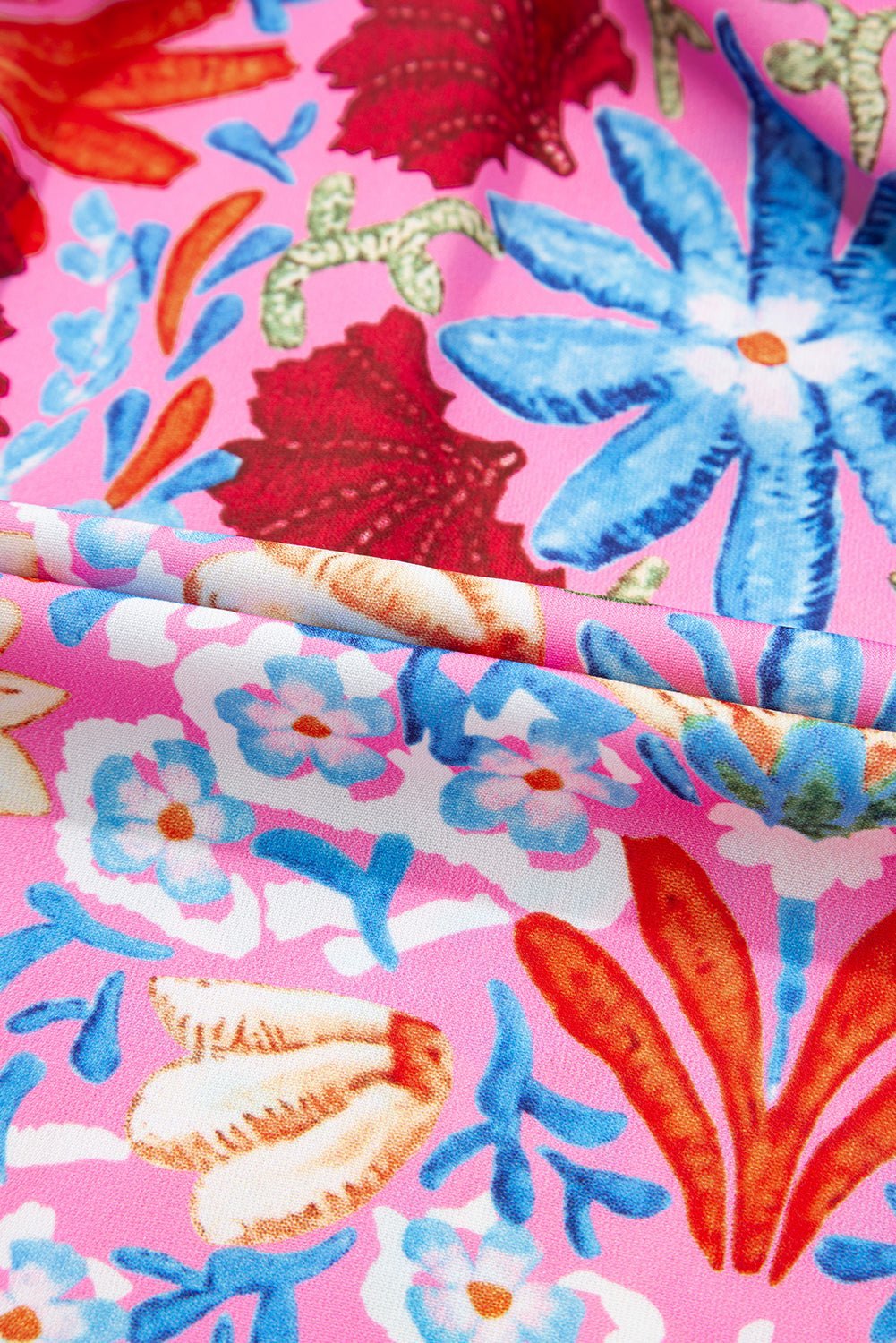 Pink Floral Print Bubble Sleeve Button Up Pleated Shirt - MAD RUFFI