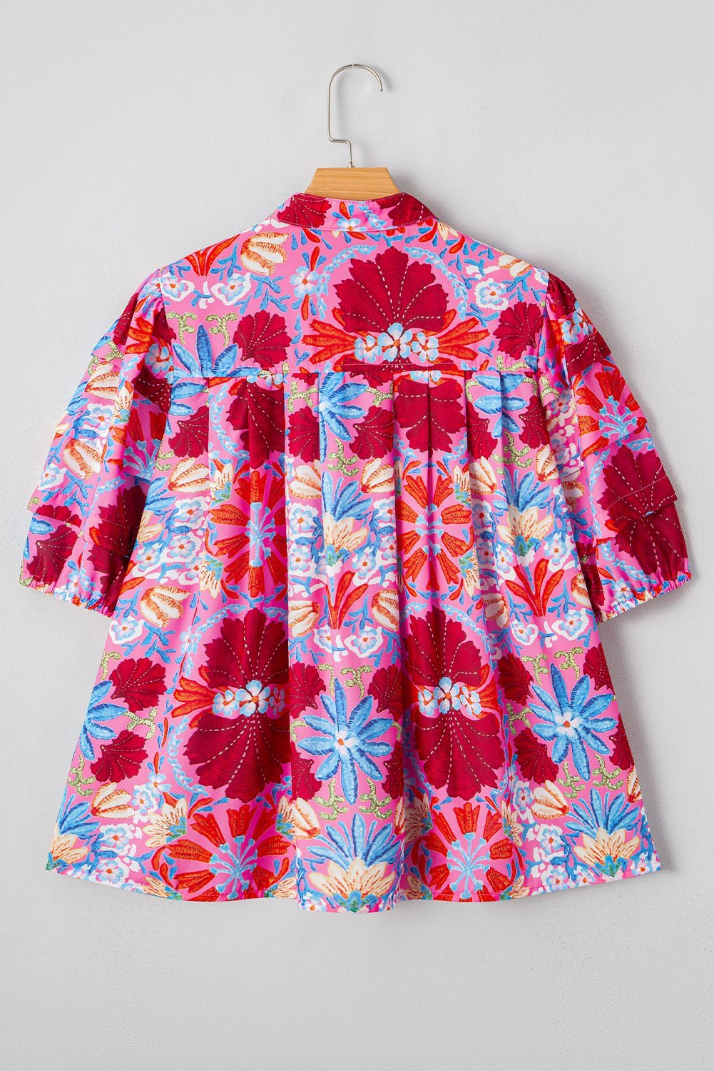 Pink Floral Print Bubble Sleeve Button Up Pleated Shirt - MAD RUFFI