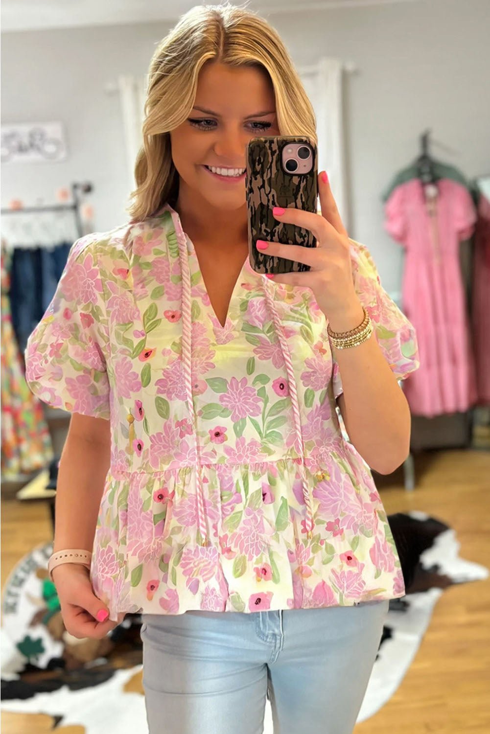 Pink Floral Print Drawstring V Neck Peplum Blouse - MAD RUFFI