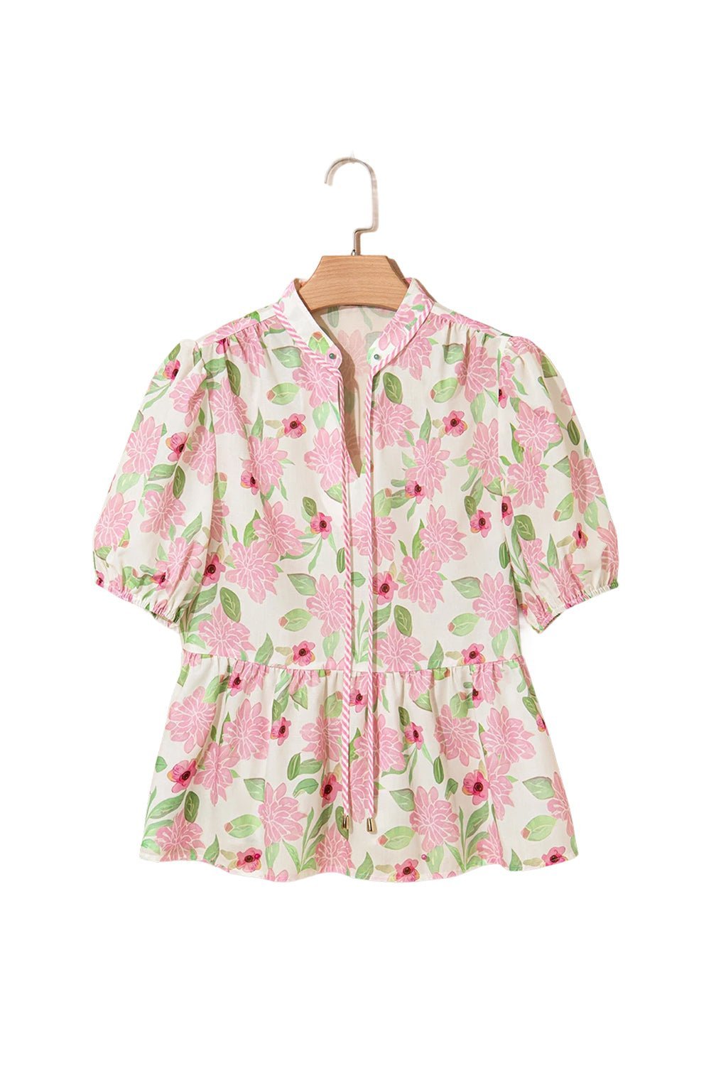 Pink Floral Print Drawstring V Neck Peplum Blouse - MAD RUFFI
