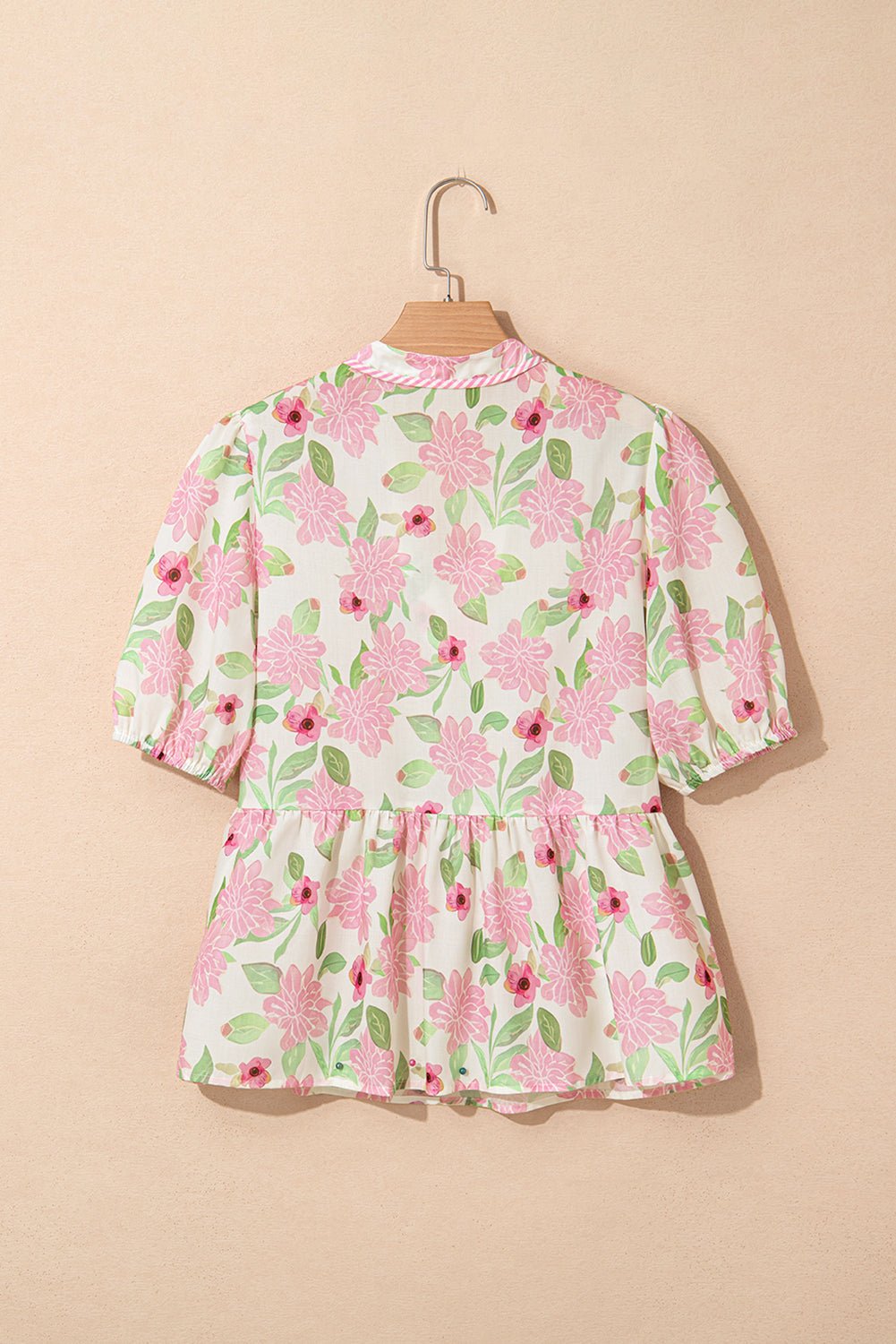 Pink Floral Print Drawstring V Neck Peplum Blouse - MAD RUFFI