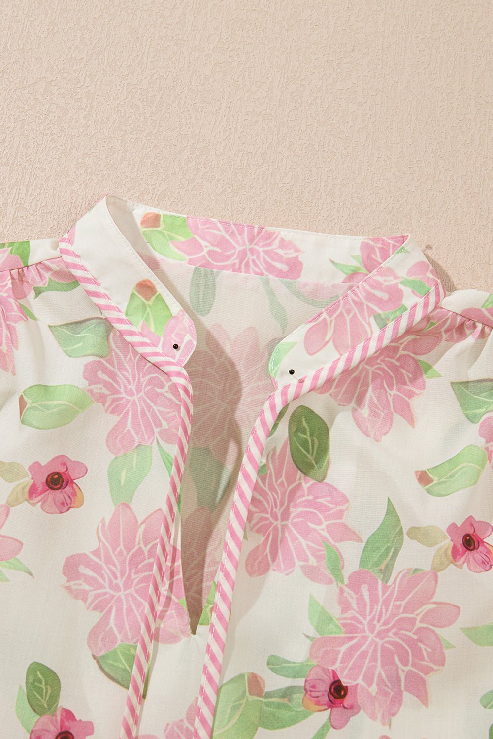 Pink Floral Print Drawstring V Neck Peplum Blouse - MAD RUFFI