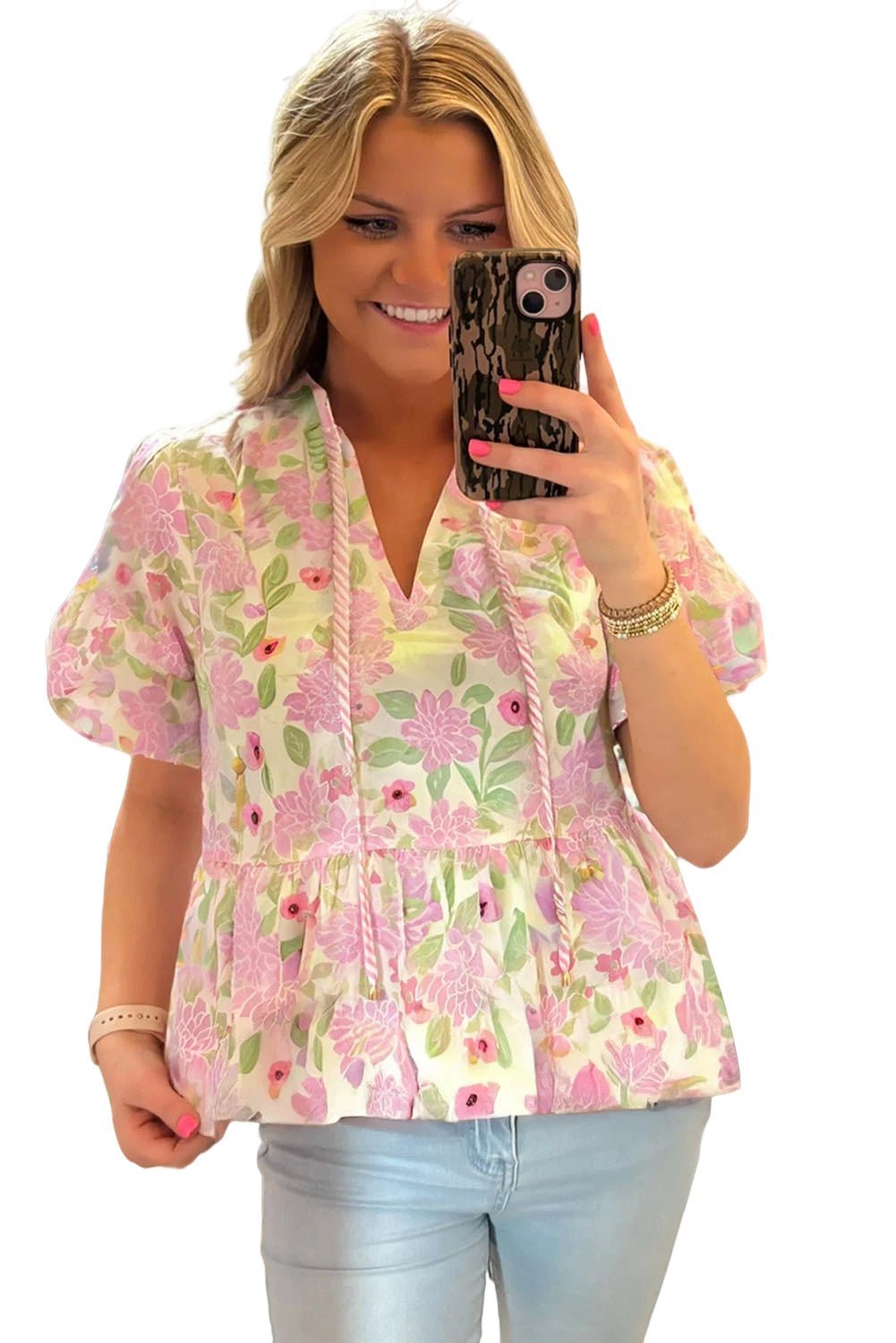 Pink Floral Print Drawstring V Neck Peplum Blouse - MAD RUFFI