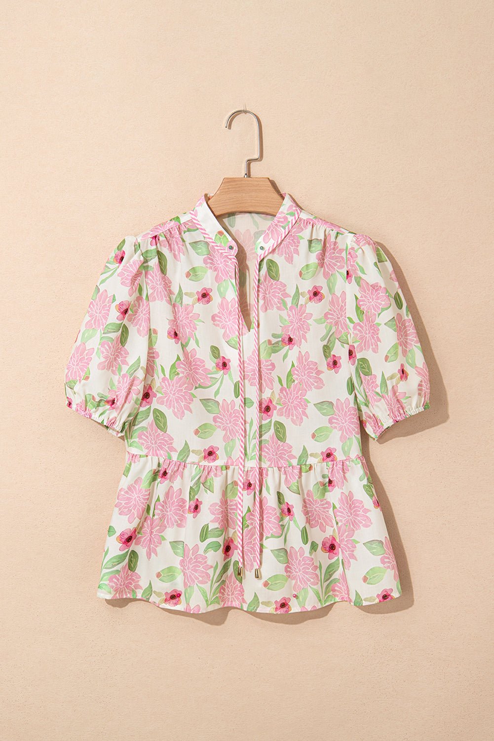 Pink Floral Print Drawstring V Neck Peplum Blouse - MAD RUFFI
