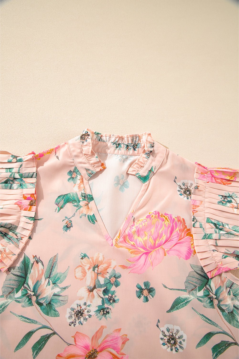Pink Floral Print Frill V Neck Pleated Sleeve Blouse - MAD RUFFI