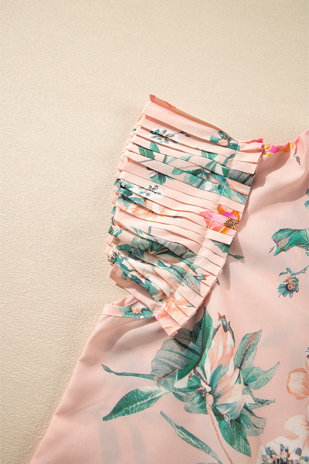 Pink Floral Print Frill V Neck Pleated Sleeve Blouse - MAD RUFFI