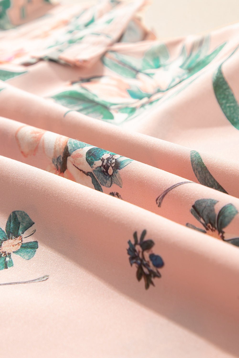 Pink Floral Print Frill V Neck Pleated Sleeve Blouse - MAD RUFFI