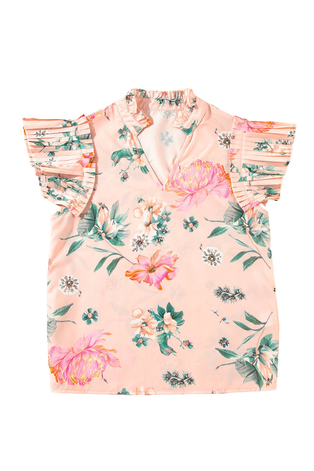 Pink Floral Print Frill V Neck Pleated Sleeve Blouse - MAD RUFFI
