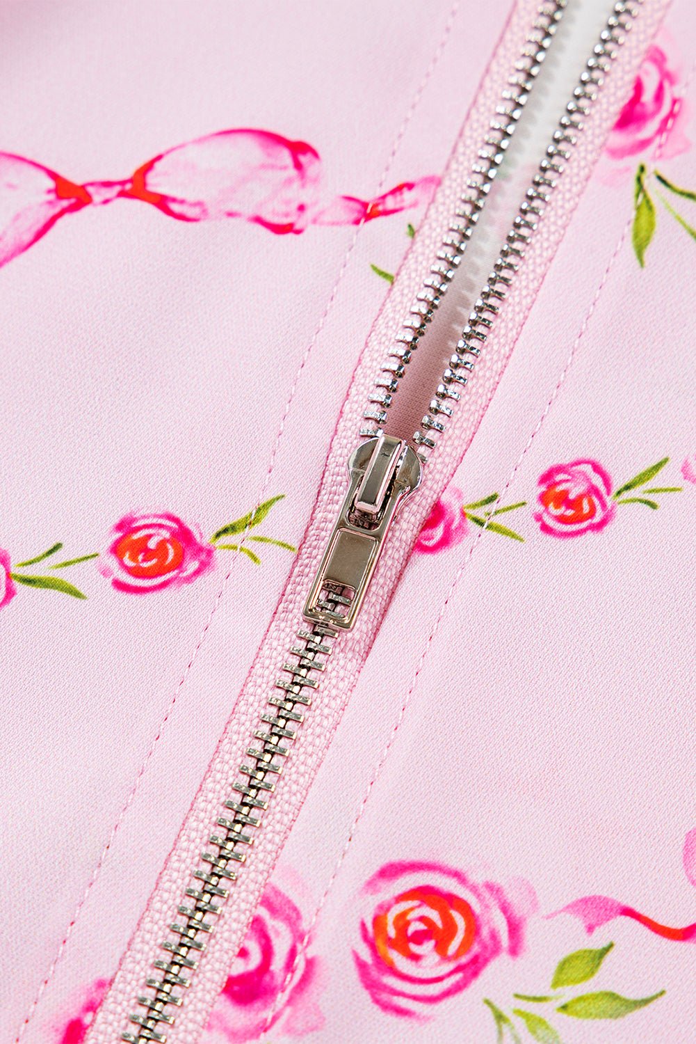 Pink Floral Print Half Zip Kangaroo Pouch Drawstring Hoodie - MAD RUFFI