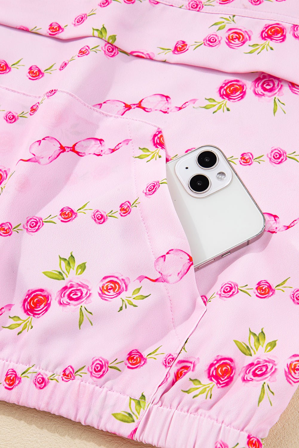 Pink Floral Print Half Zip Kangaroo Pouch Drawstring Hoodie - MAD RUFFI