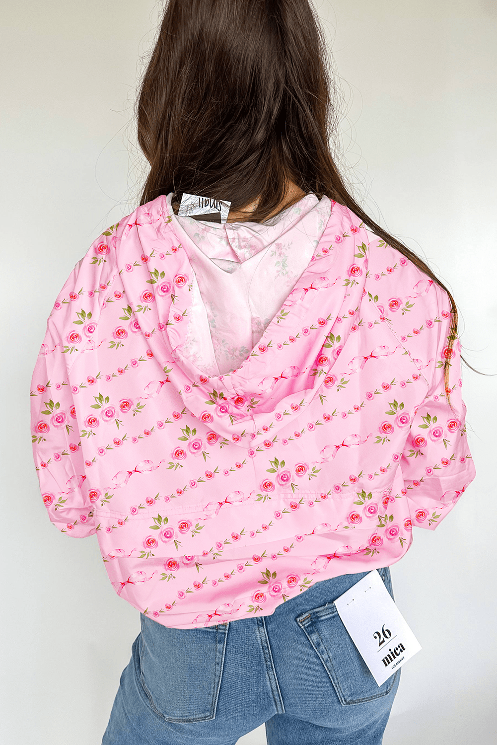 Pink Floral Print Half Zip Kangaroo Pouch Drawstring Hoodie - MAD RUFFI