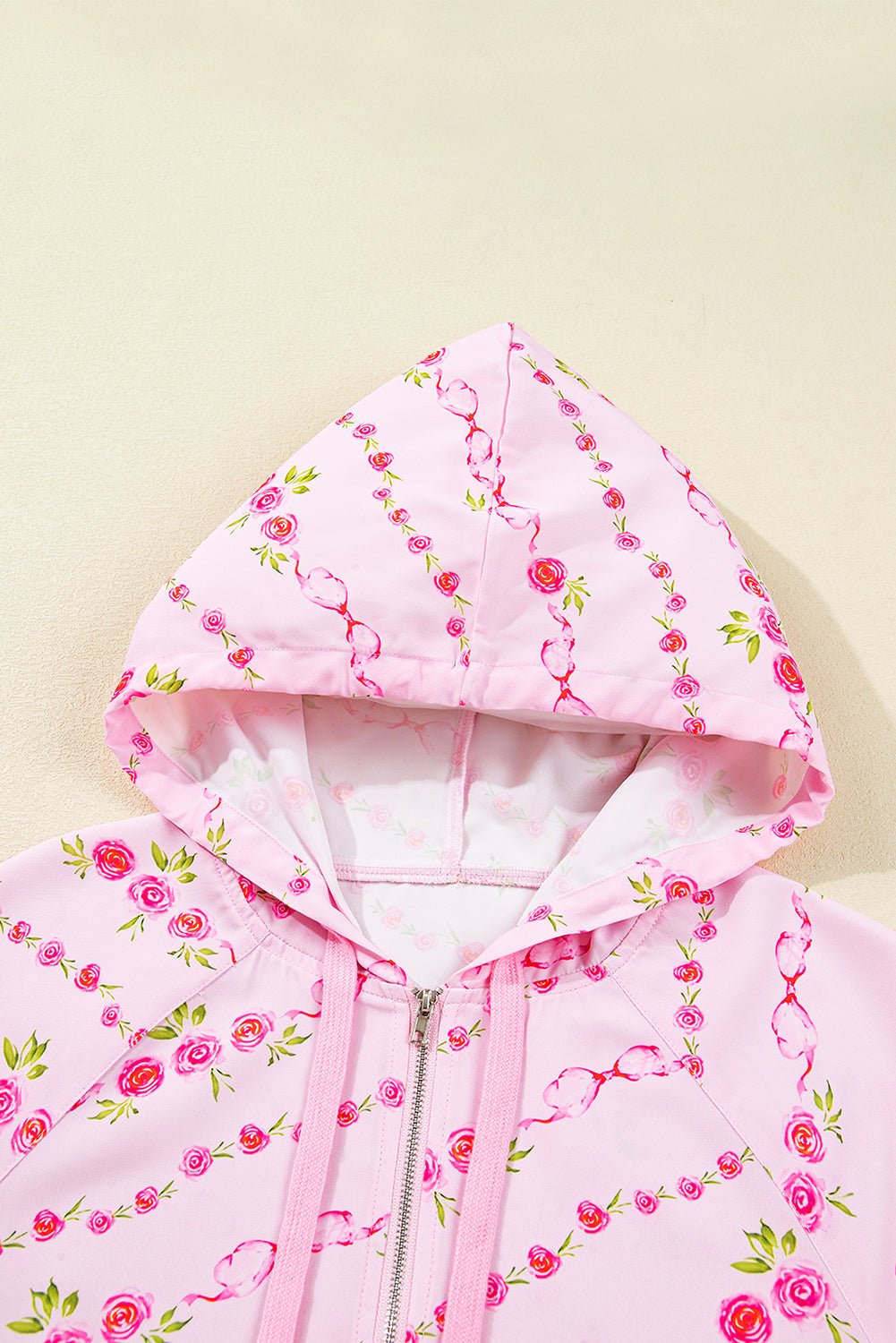 Pink Floral Print Half Zip Kangaroo Pouch Drawstring Hoodie - MAD RUFFI