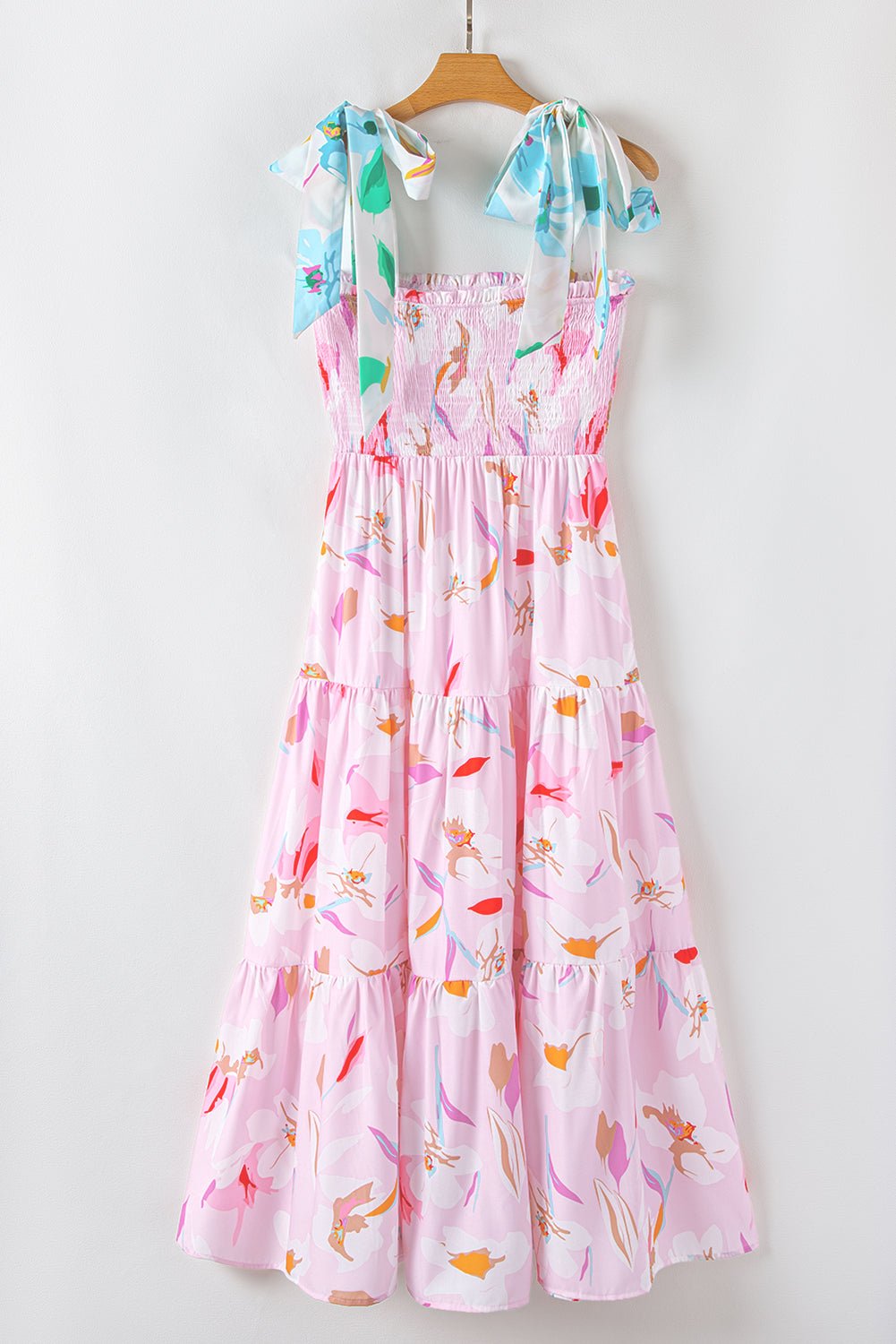 Pink Floral Print Knotted Shoulder Smocked Maxi Dress - MAD RUFFI