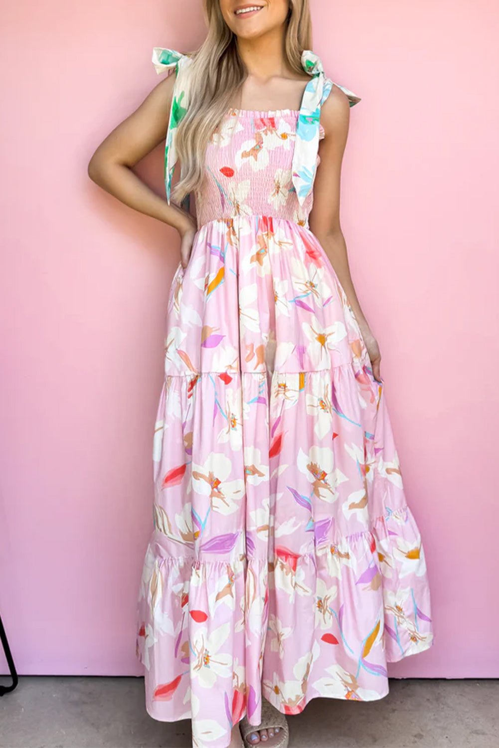 Pink Floral Print Knotted Shoulder Smocked Maxi Dress - MAD RUFFI