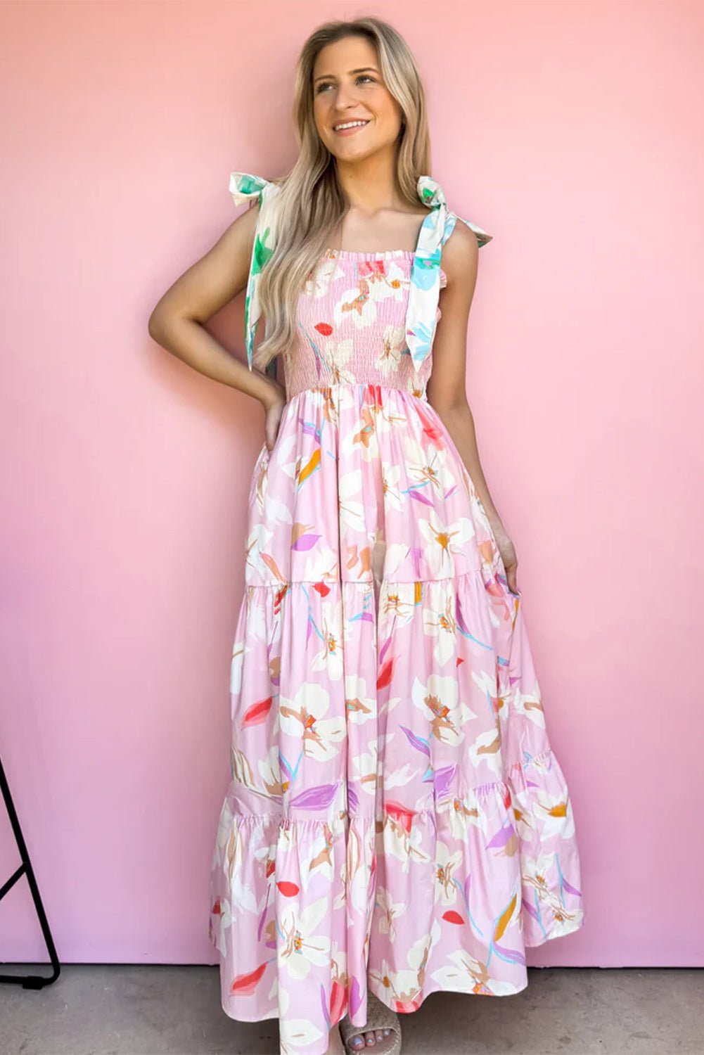Pink Floral Print Knotted Shoulder Smocked Maxi Dress - MAD RUFFI