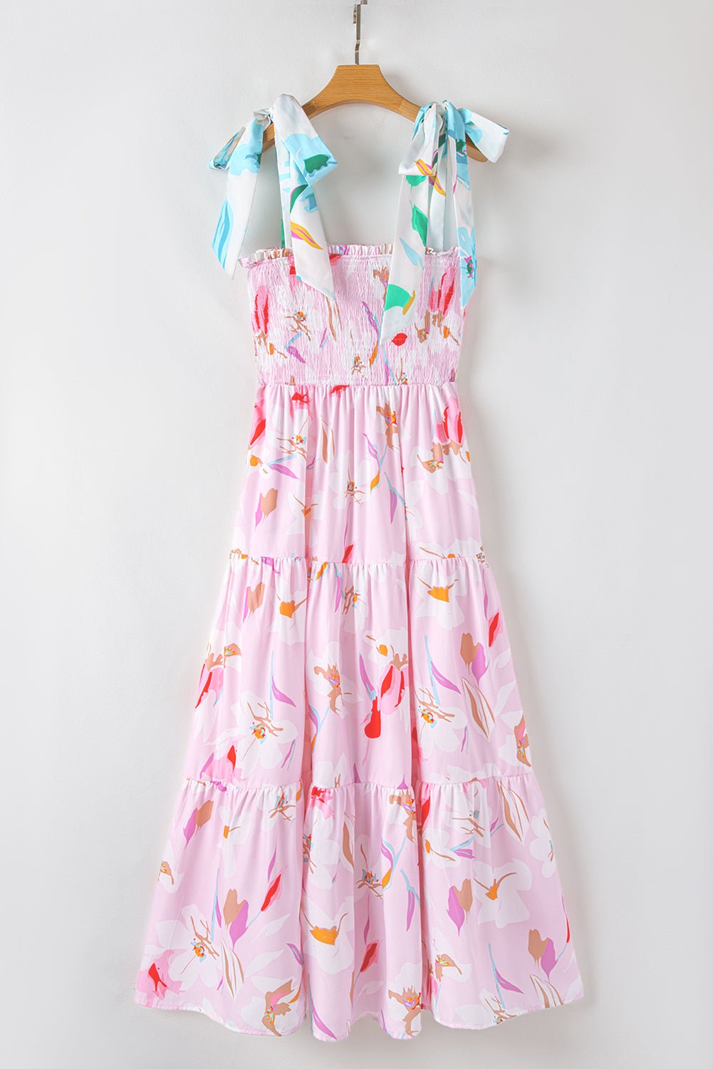 Pink Floral Print Knotted Shoulder Smocked Maxi Dress - MAD RUFFI