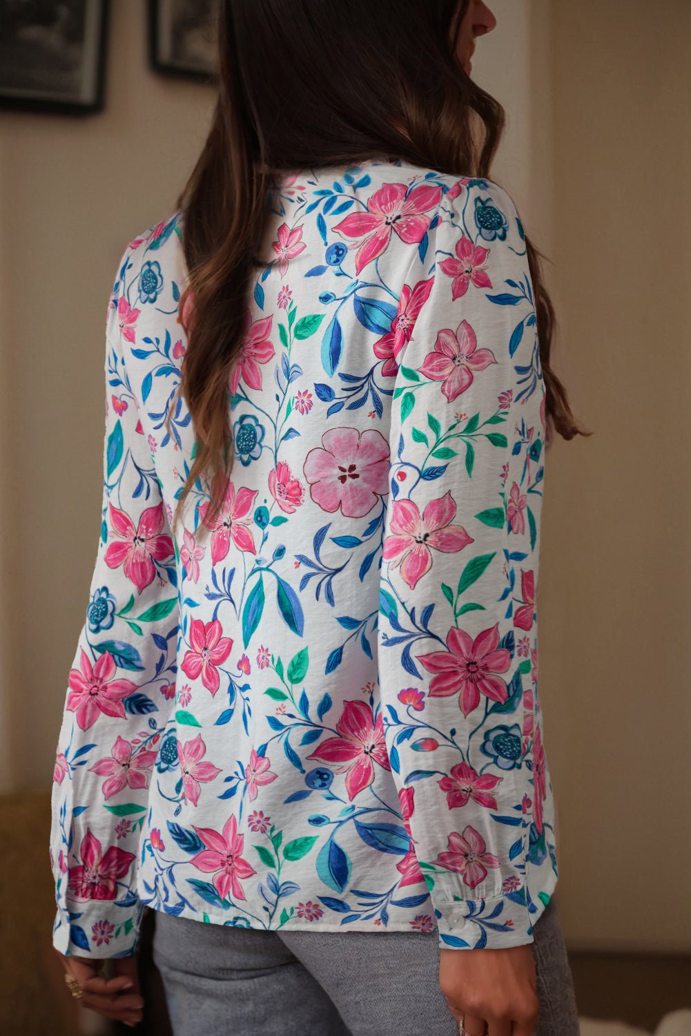 Pink Floral Print Lace Detail Button - up Long Sleeve Shirt - MAD RUFFI