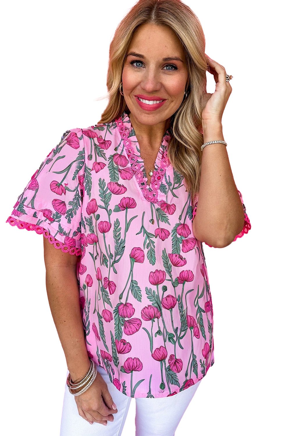 Pink Floral Print Lace Detail Frill V Neck Blouse - MAD RUFFI