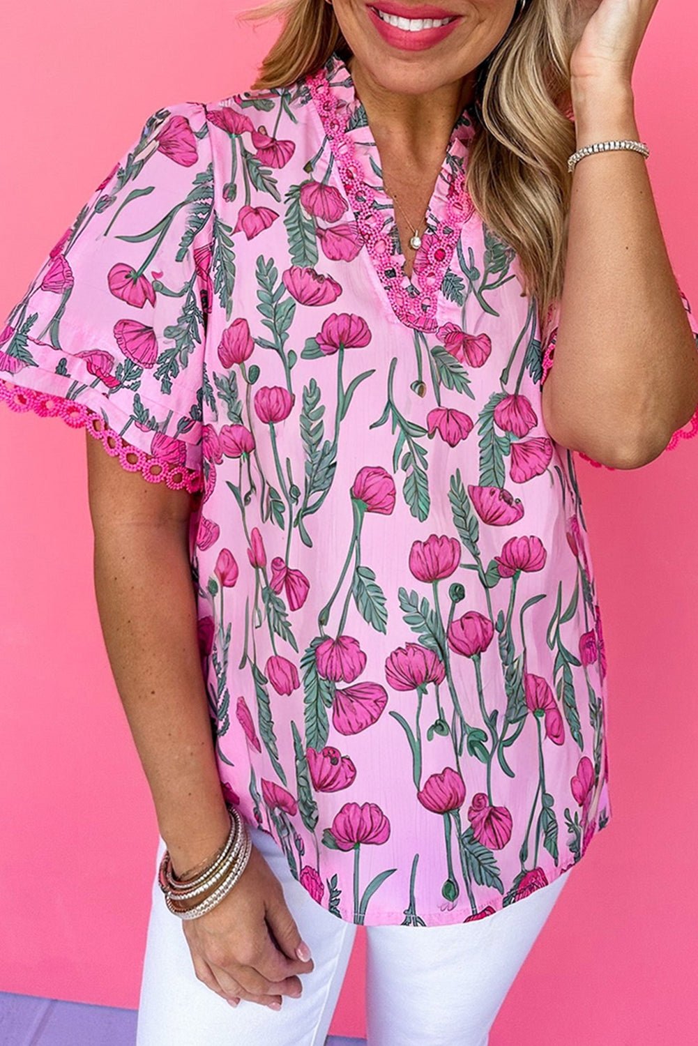Pink Floral Print Lace Detail Frill V Neck Blouse - MAD RUFFI