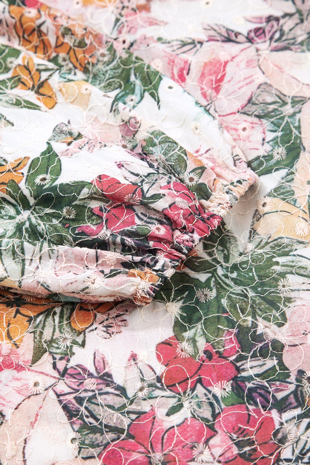 Pink Floral Print Lace Embroidery Tie Split Neck Long Sleeve Blouse - MAD RUFFI