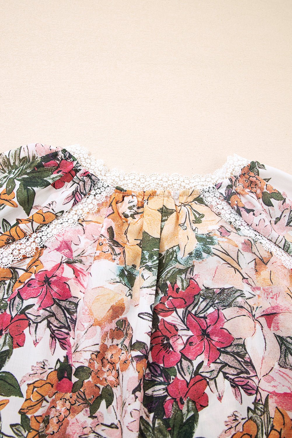 Pink Floral Print Lace Embroidery Tie Split Neck Long Sleeve Blouse - MAD RUFFI