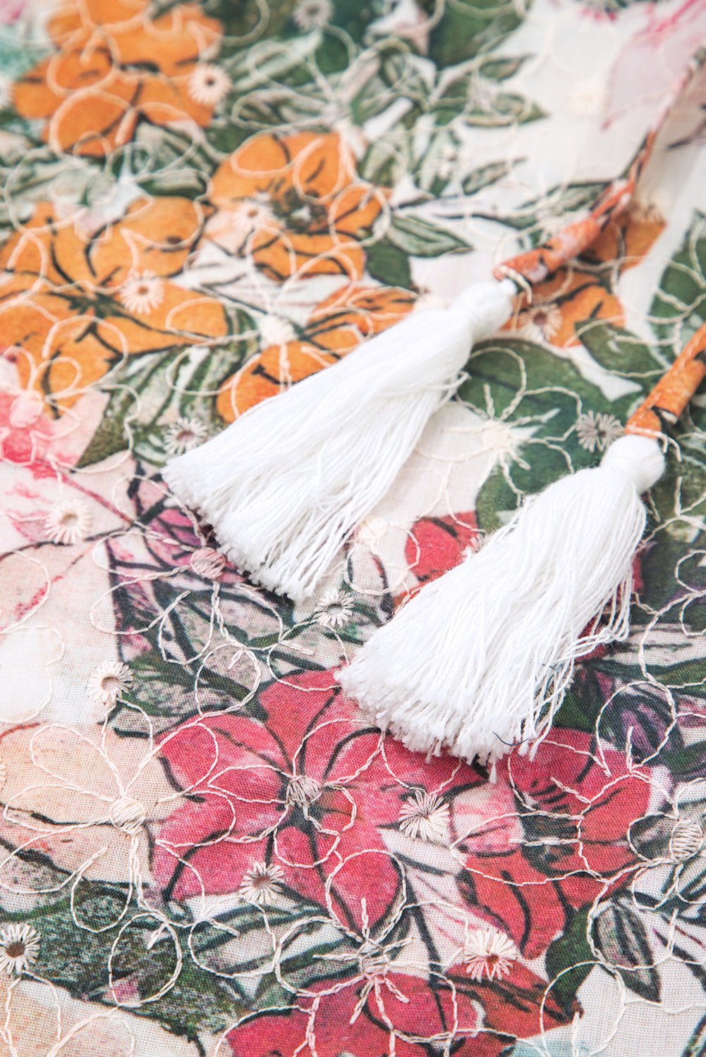 Pink Floral Print Lace Embroidery Tie Split Neck Long Sleeve Blouse - MAD RUFFI