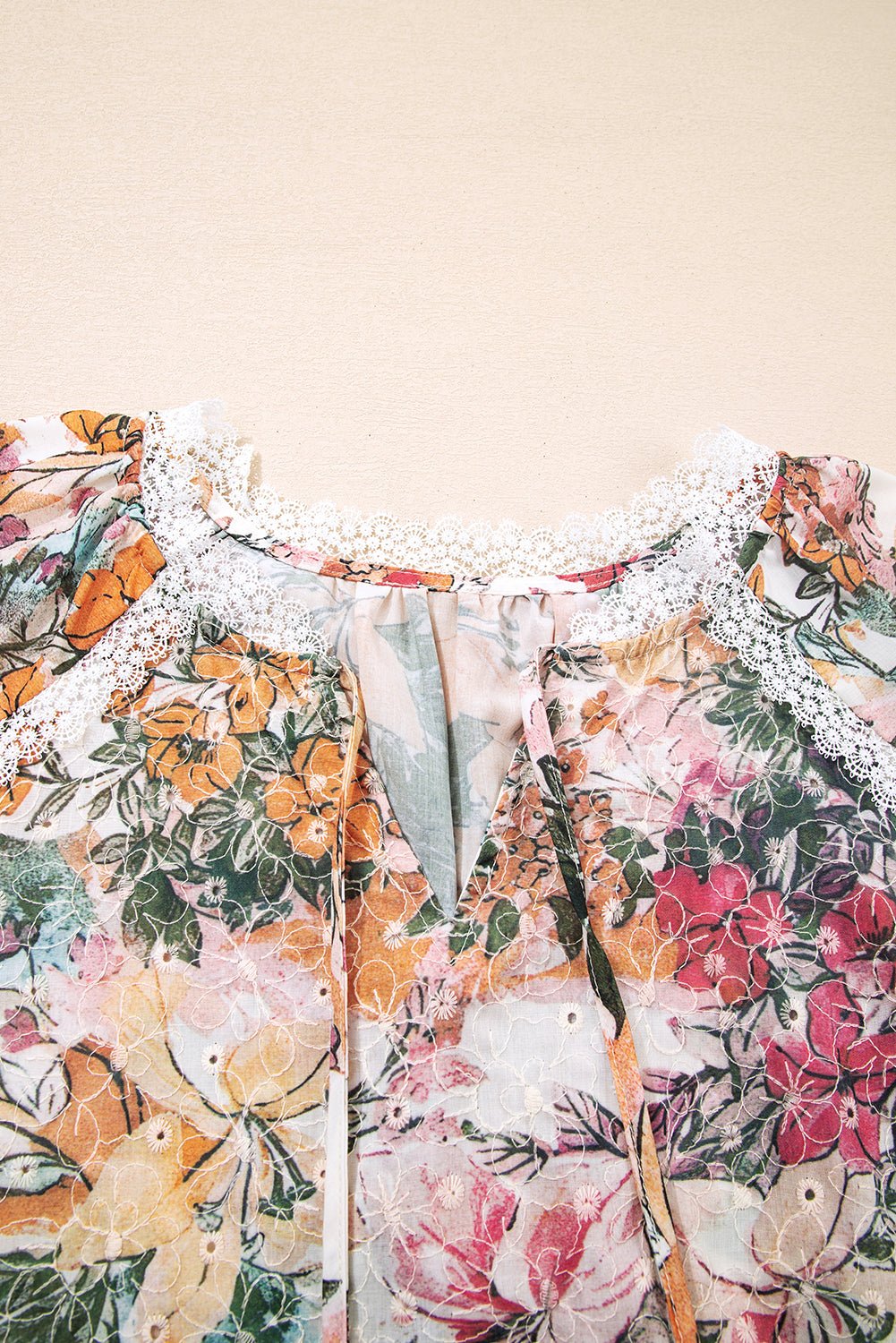 Pink Floral Print Lace Embroidery Tie Split Neck Long Sleeve Blouse - MAD RUFFI