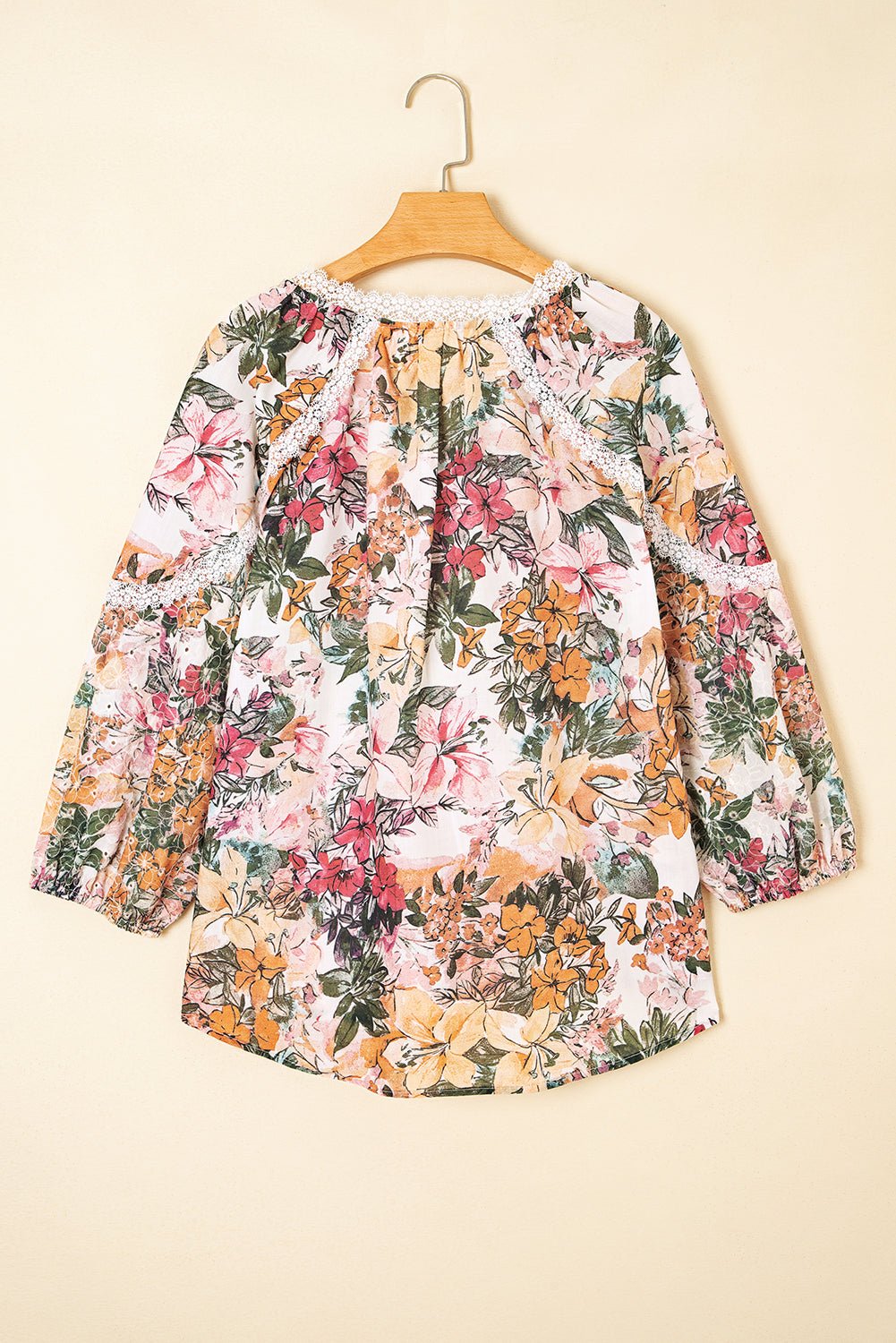 Pink Floral Print Lace Embroidery Tie Split Neck Long Sleeve Blouse - MAD RUFFI