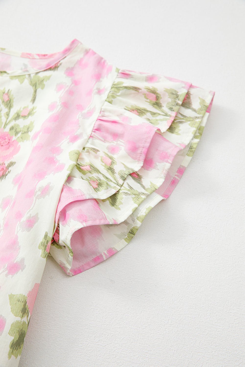 Pink Floral Print Layered Ruffle Sleeve Summer Top - MAD RUFFI