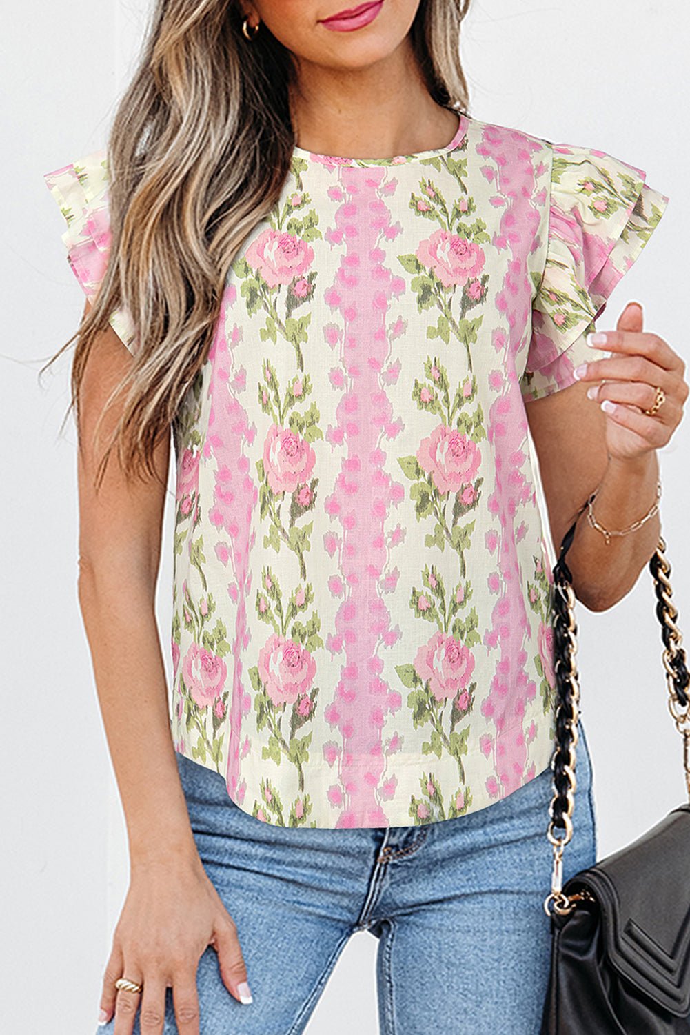 Pink Floral Print Layered Ruffle Sleeve Summer Top - MAD RUFFI