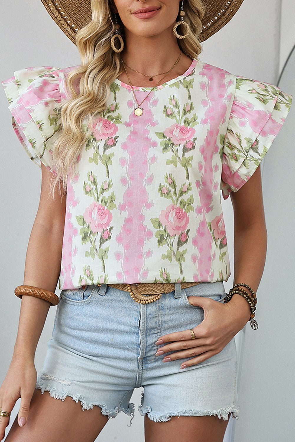 Pink Floral Print Layered Ruffle Sleeve Summer Top - MAD RUFFI