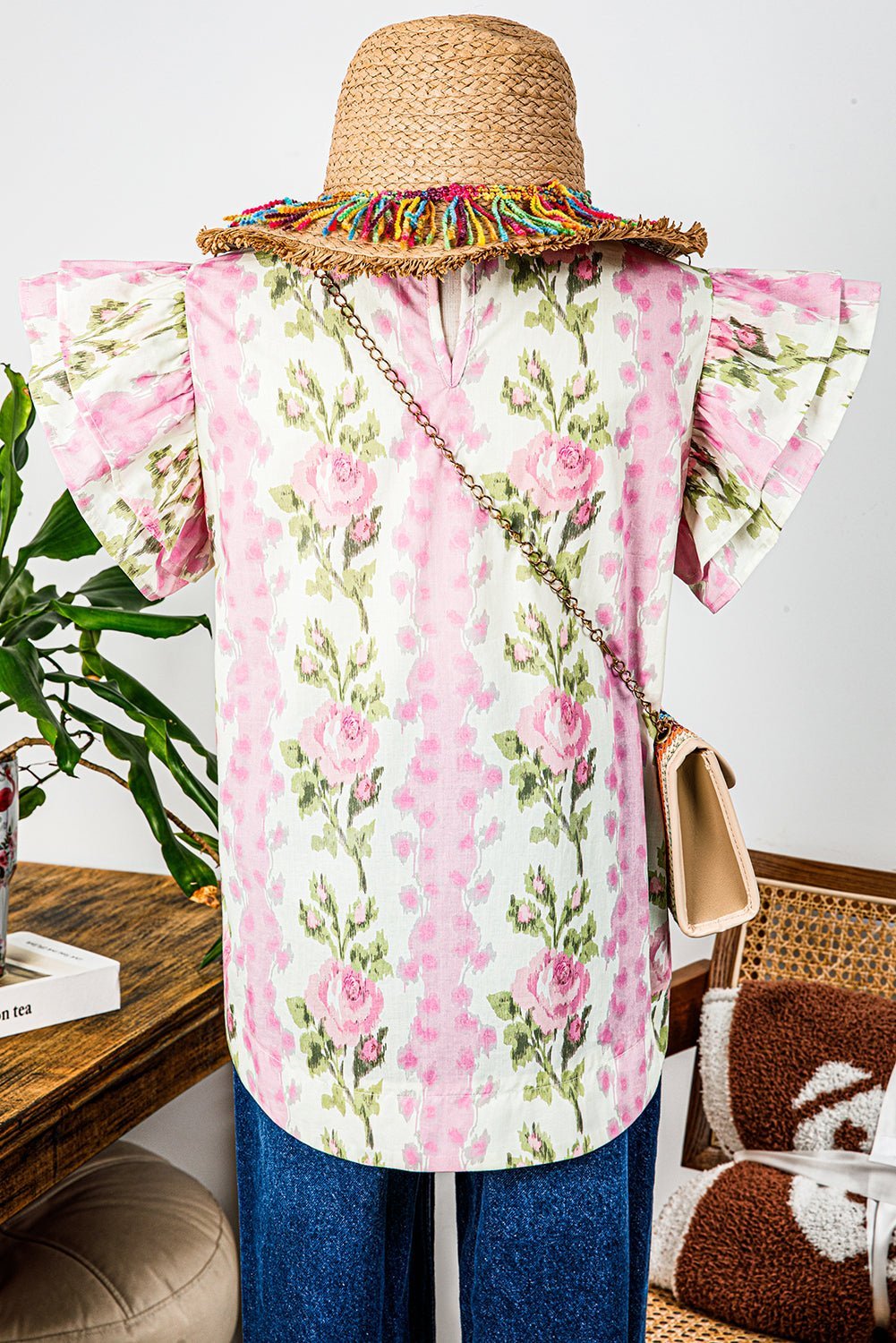 Pink Floral Print Layered Ruffle Sleeve Summer Top - MAD RUFFI