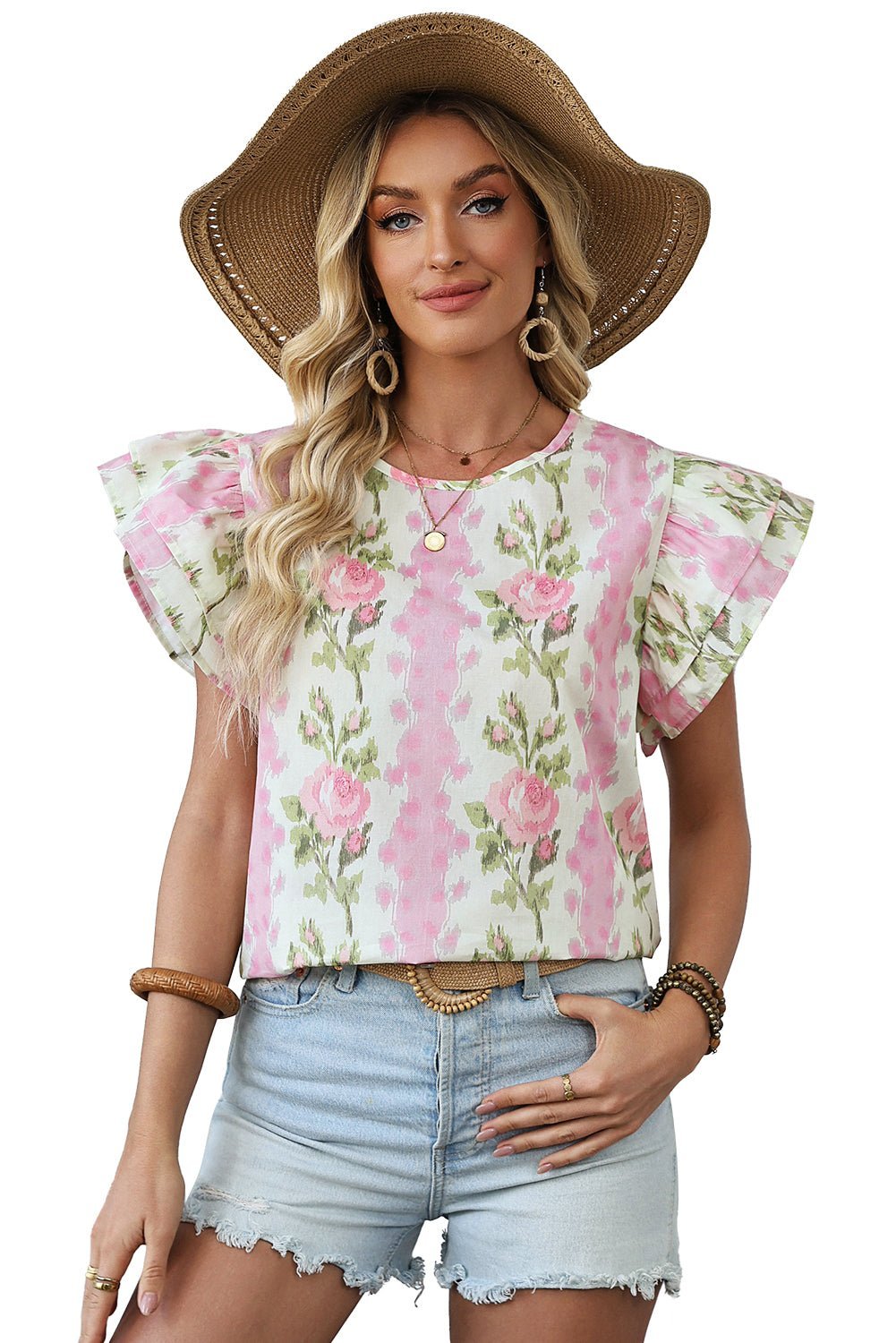 Pink Floral Print Layered Ruffle Sleeve Summer Top - MAD RUFFI