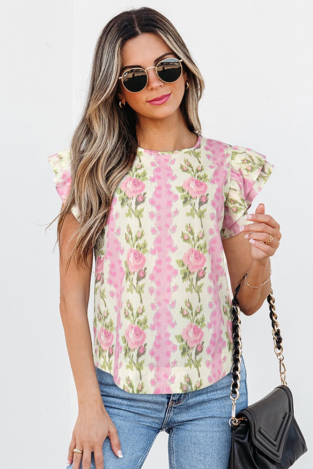 Pink Floral Print Layered Ruffle Sleeve Summer Top - MAD RUFFI
