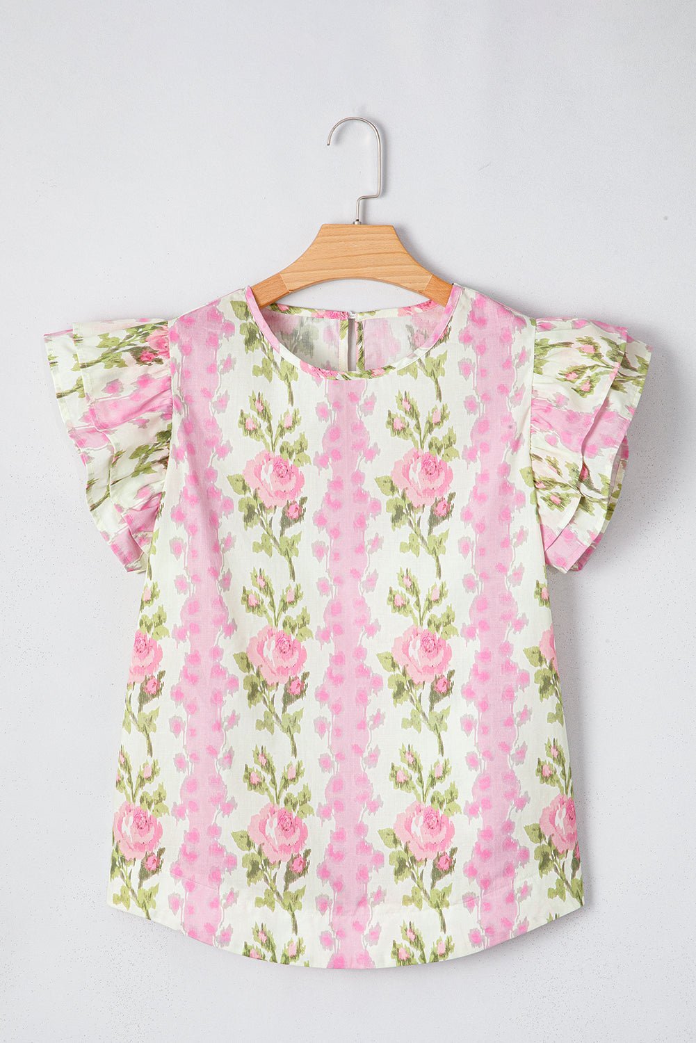 Pink Floral Print Layered Ruffle Sleeve Summer Top - MAD RUFFI
