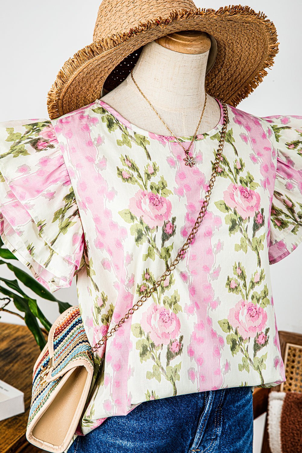 Pink Floral Print Layered Ruffle Sleeve Summer Top - MAD RUFFI
