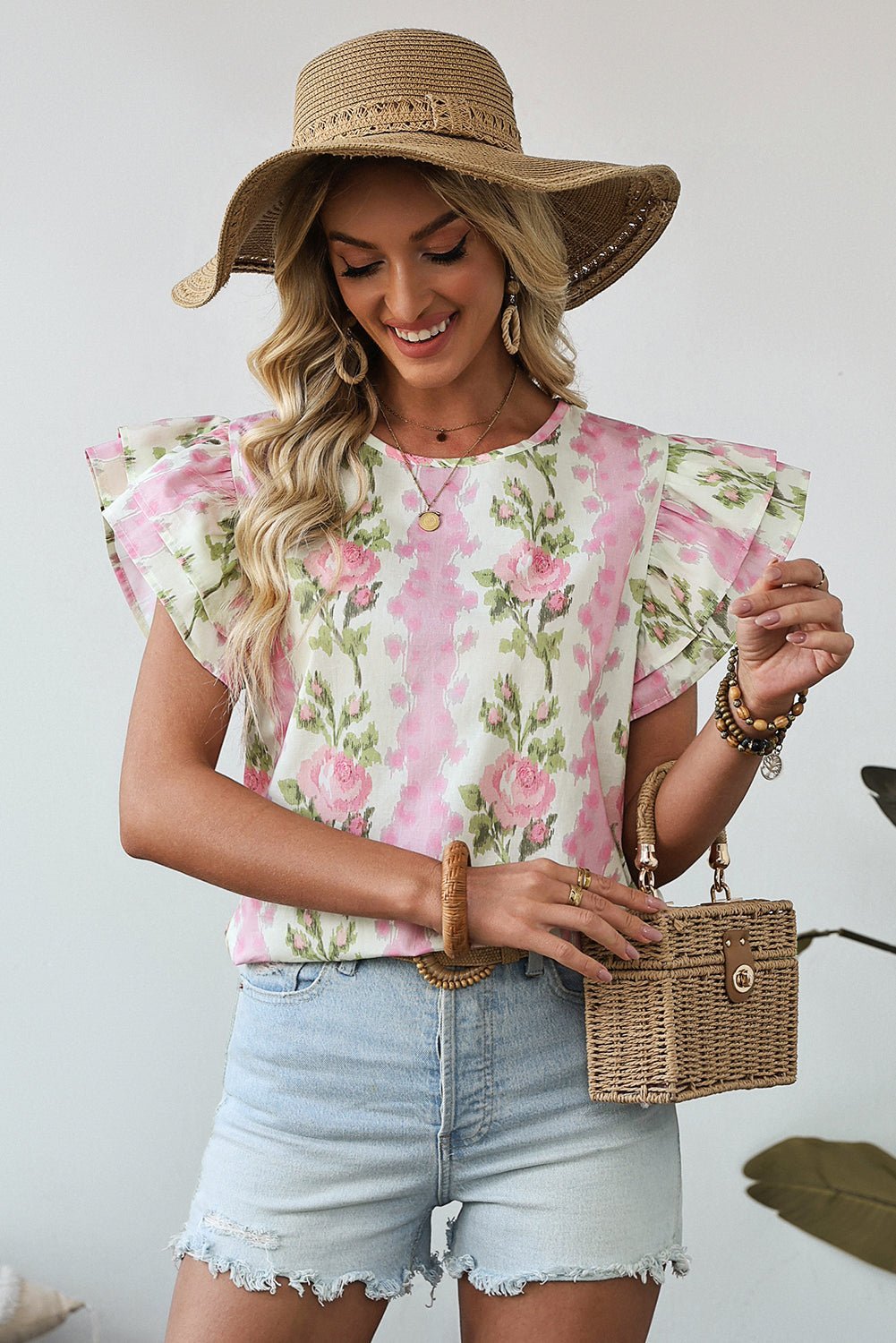 Pink Floral Print Layered Ruffle Sleeve Summer Top - MAD RUFFI