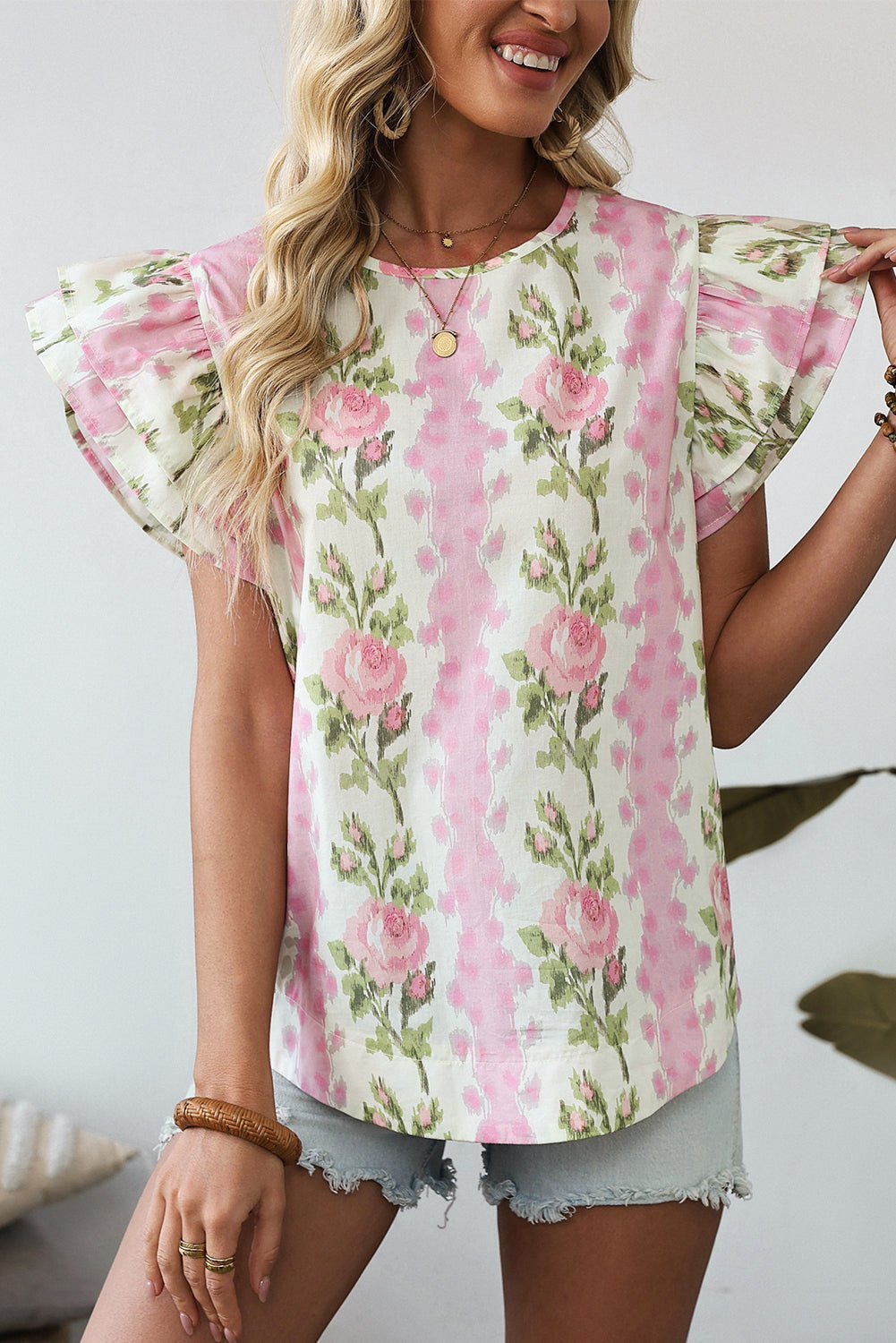 Pink Floral Print Layered Ruffle Sleeve Summer Top - MAD RUFFI