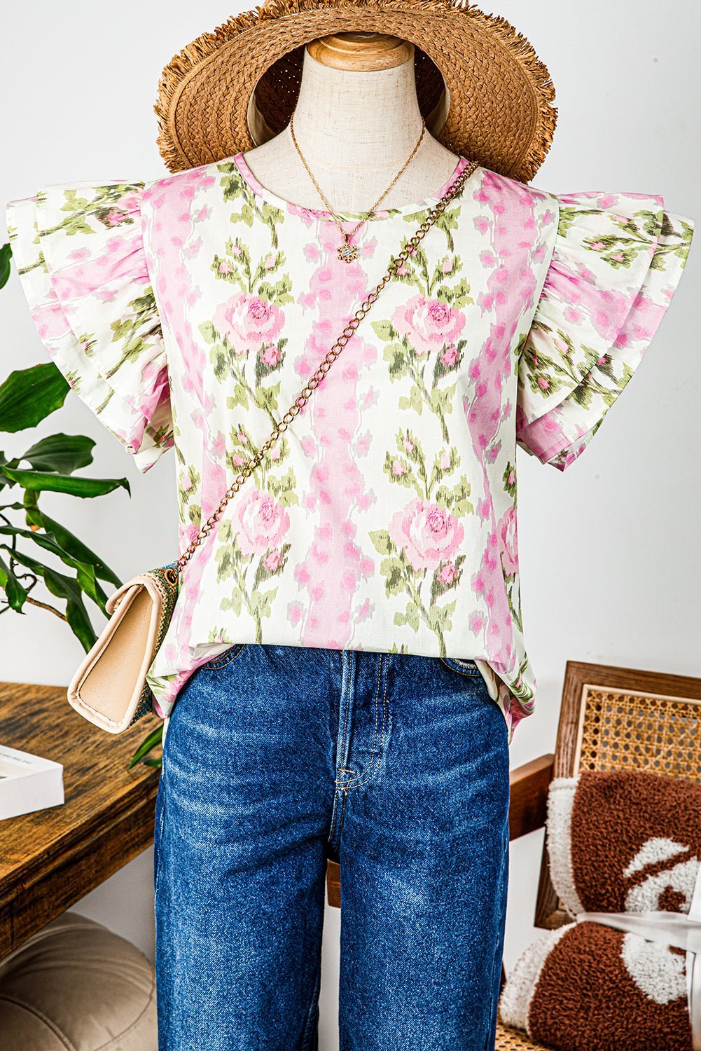 Pink Floral Print Layered Ruffle Sleeve Summer Top - MAD RUFFI