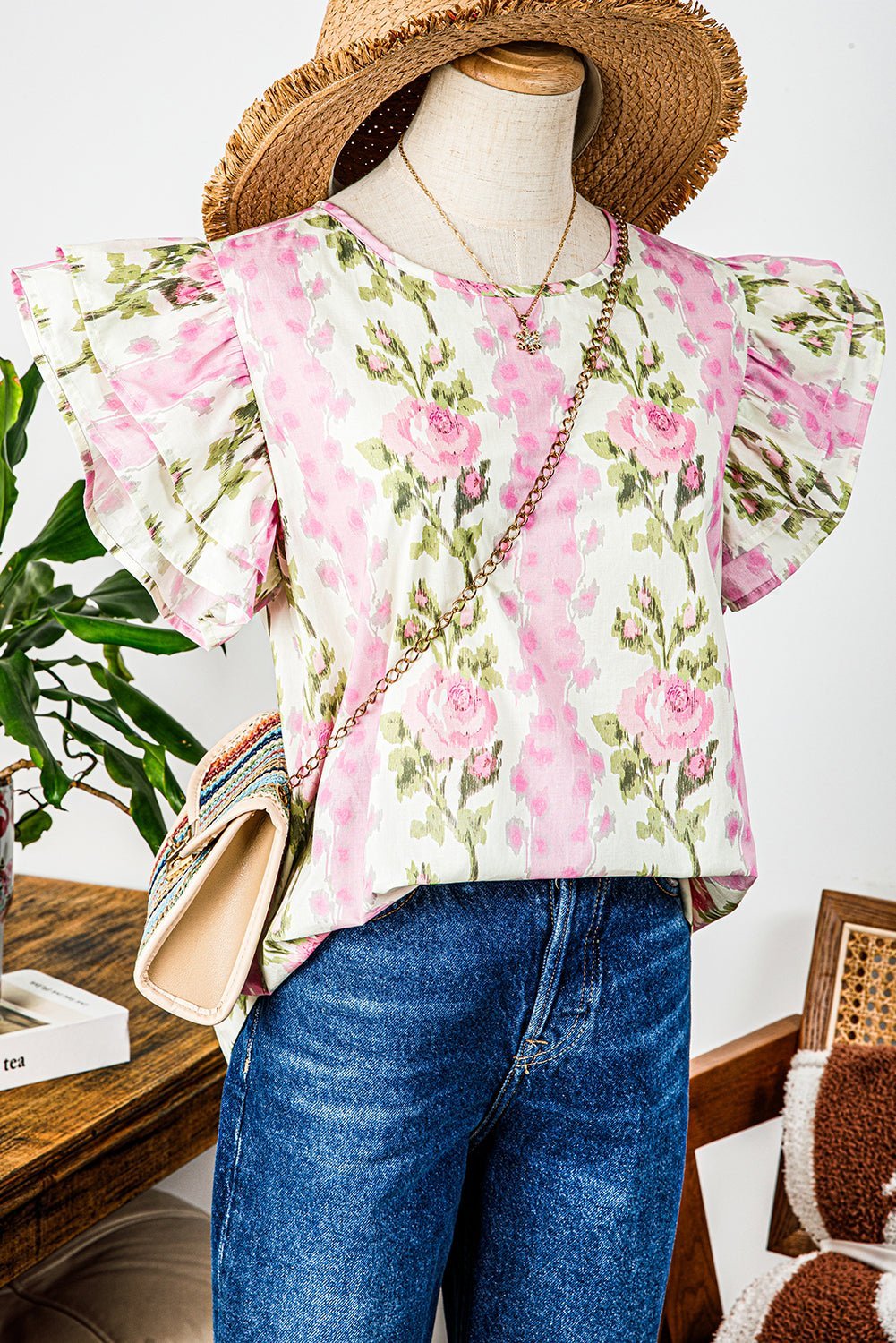 Pink Floral Print Layered Ruffle Sleeve Summer Top - MAD RUFFI